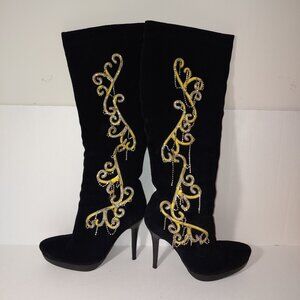 Unze Crystal Embellished  Knee-high Platform Stiletto Suede Boots Size 10 Black